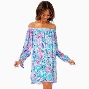 Lilly Pulitzer MaryEllen Off the Shoulder Dress - Zanzibar Blue Party Princess M